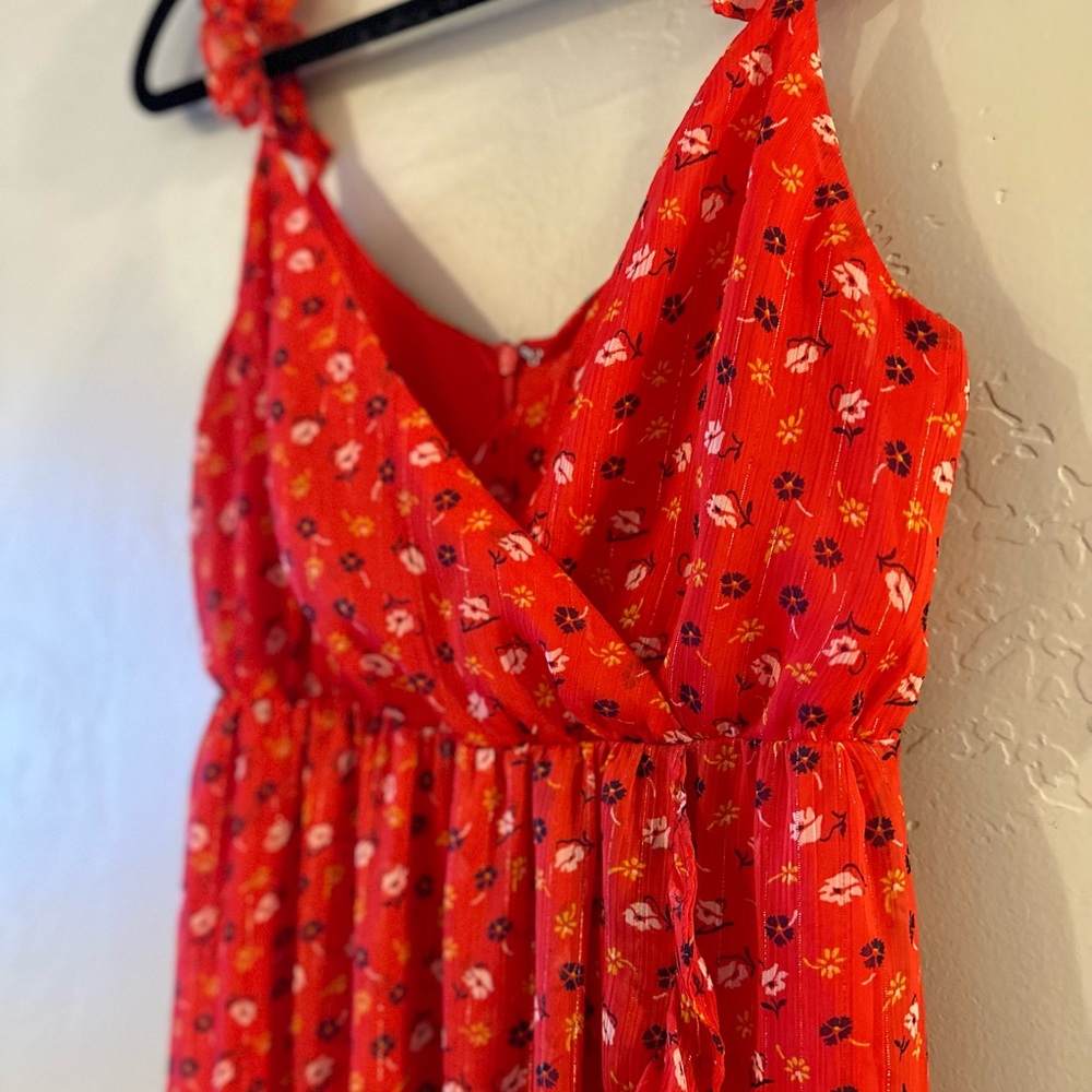 Madewell Ruffle-Strap Wrap Dress Metallic Striped Prairie Posies Red - Picture 6 of 14